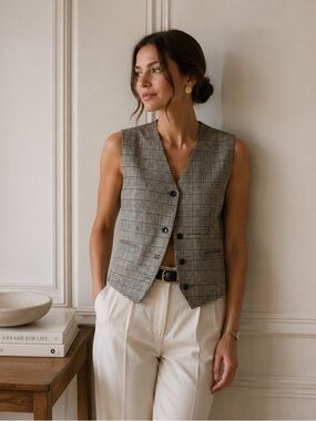 Vintage Valerie Stevens Wool Glen Plaid Vest Size 6 Black White Quiet Luxury